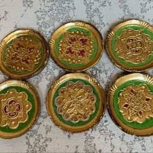 Wooden handprints Vintage Gold and Green Decorative Coasters